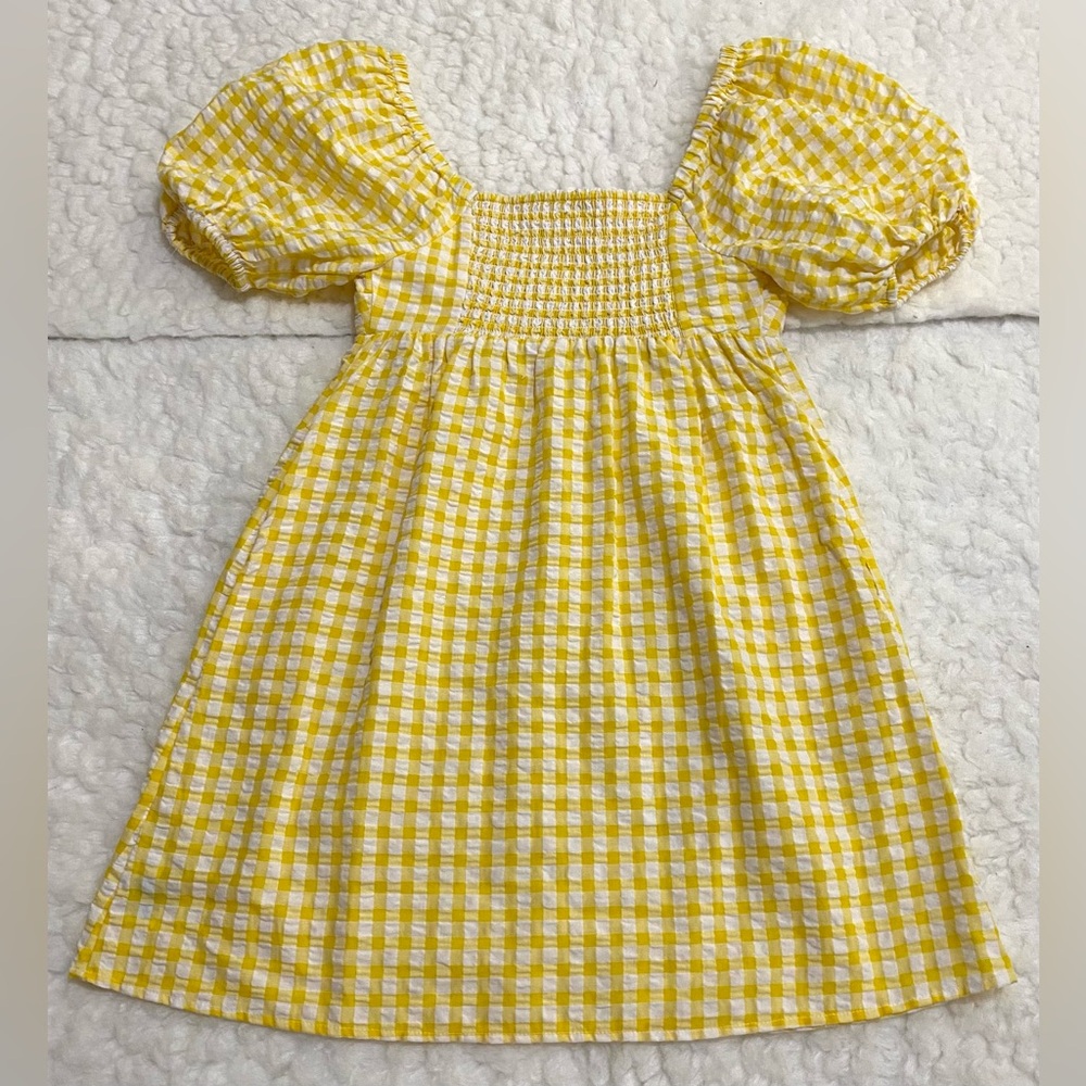 Old Navy Womens XS Yellow White Gingham Check Puff Sleeve Babydoll Dress Preppy - Picture 5 of 12